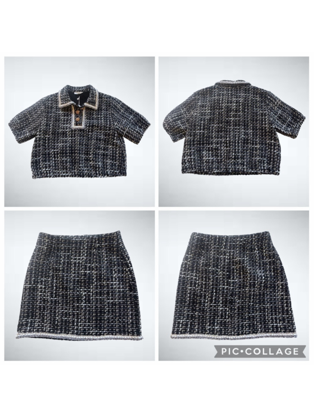 Easel Tweed Top and Mini Skirt Set in Black Size S